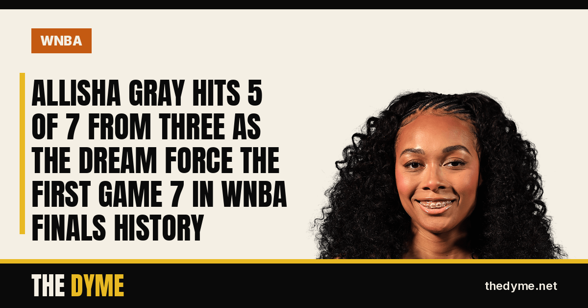 Dyme card with Allisha Gray's official WNBA headshot and the headline: Allisha Gray Hits 5 of 7 From Three as the Dream Force the First Game 7 in WNBA Finals History