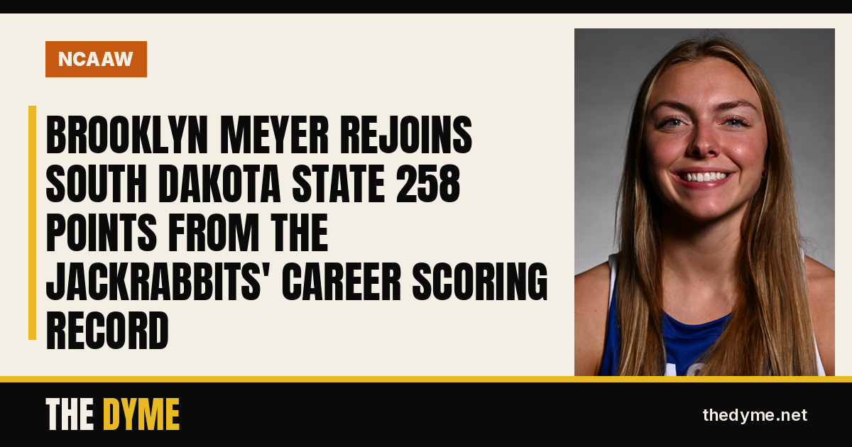 Dyme card with Brooklyn Meyer's South Dakota State roster headshot and the headline: Brooklyn Meyer Rejoins South Dakota State 258 Points From the Jackrabbits' Career Scoring Record