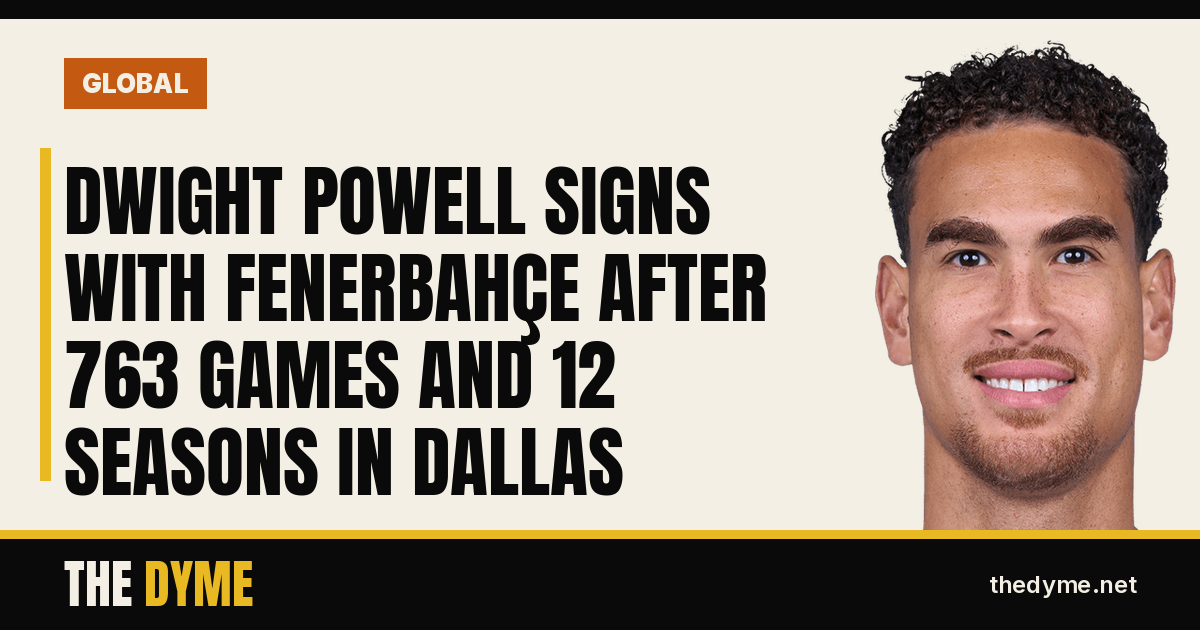 Dyme card with Dwight Powell's official NBA headshot and the headline: Dwight Powell Signs With Fenerbahçe After 763 Games and 12 Seasons in Dallas