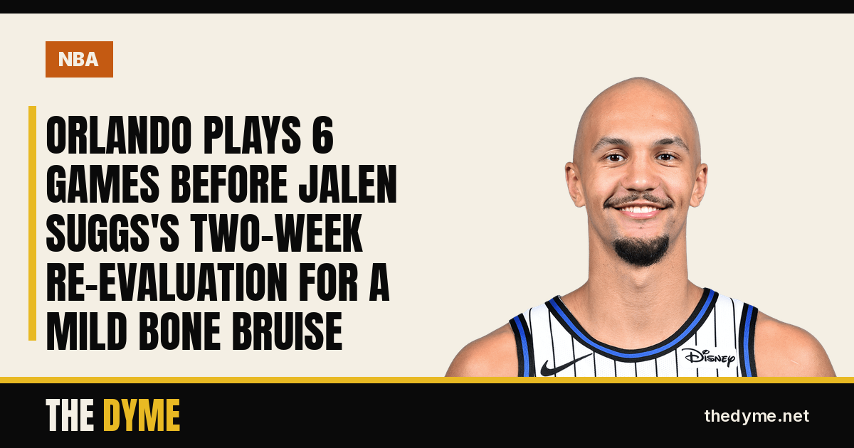 Dyme card with the headline: Orlando Plays 6 Games Before Jalen Suggs's Two-Week Re-Evaluation for a Mild Bone Bruise