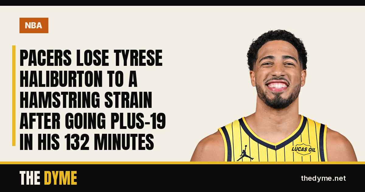 Dyme card with the headline: Pacers Lose Tyrese Haliburton to a Hamstring Strain After Going Plus-19 in His 132 Minutes